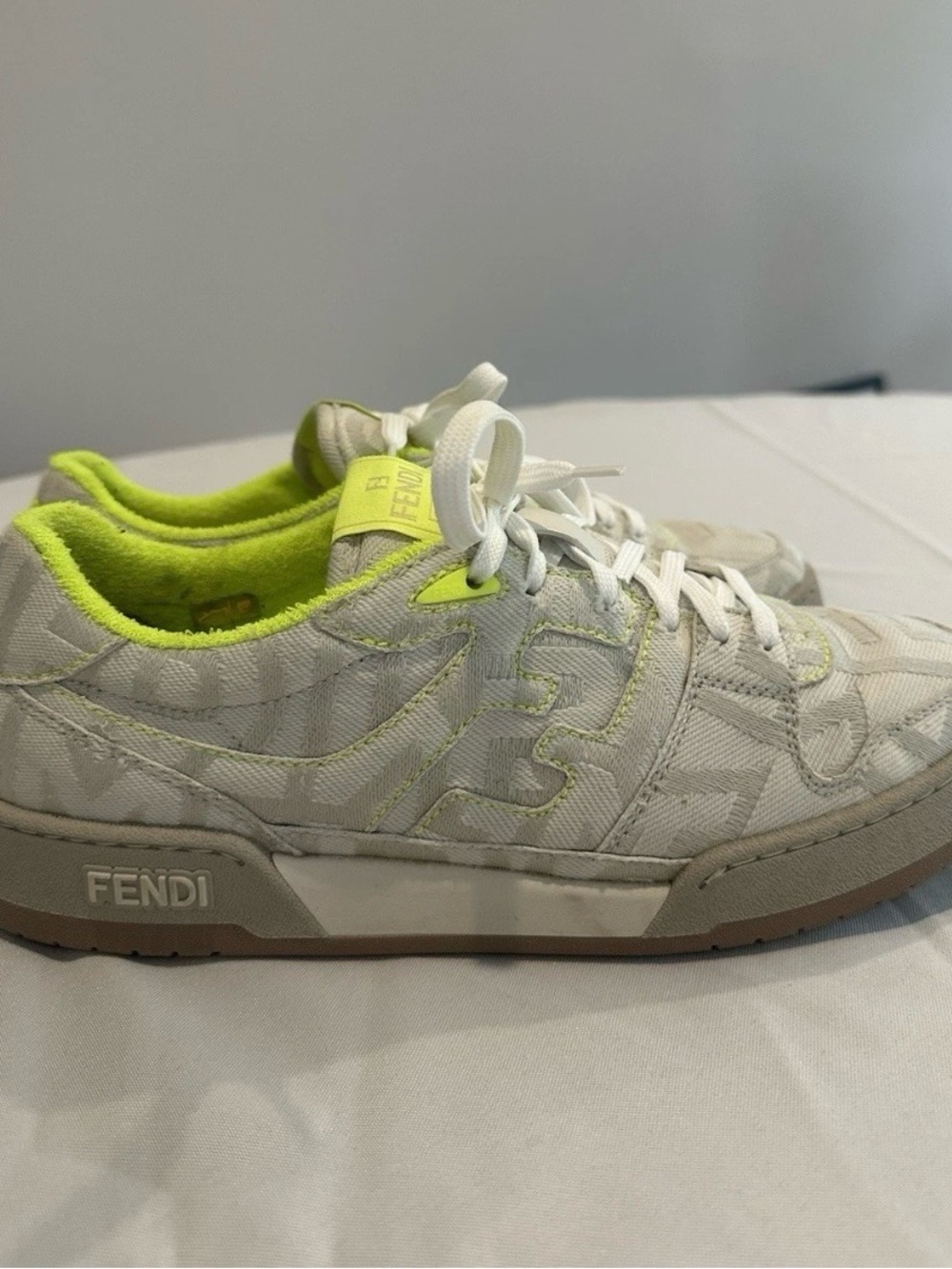 Fendi Women's White Sneakers with Neon Lime Accents